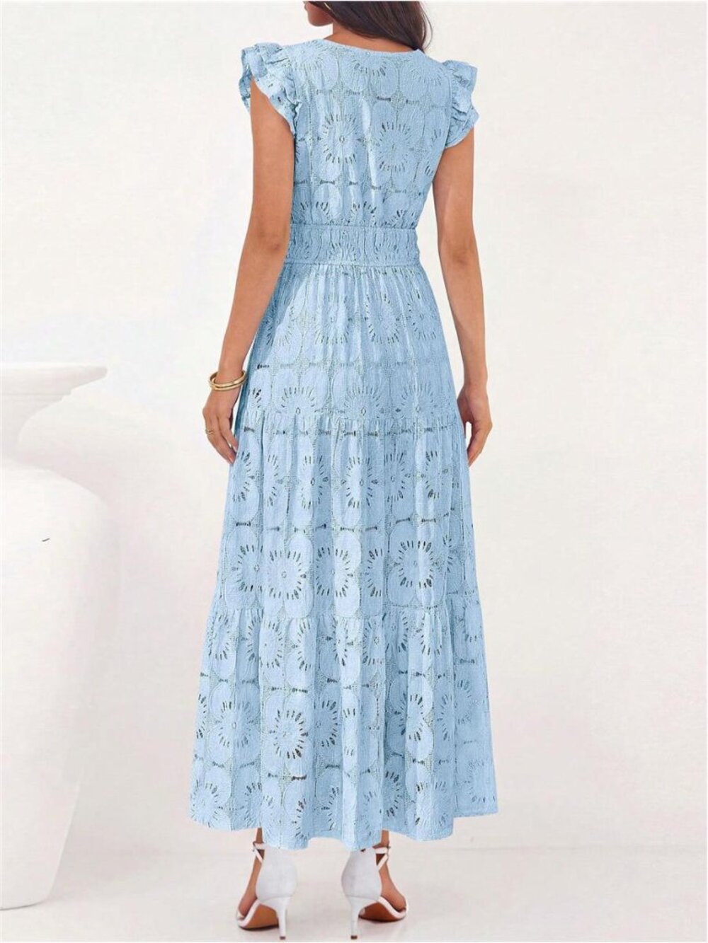 NEW - Light Blue Eyelet Lace Maxi Dress | Boho Wedding Guest & Vacation Dress - Picture 2 of 6